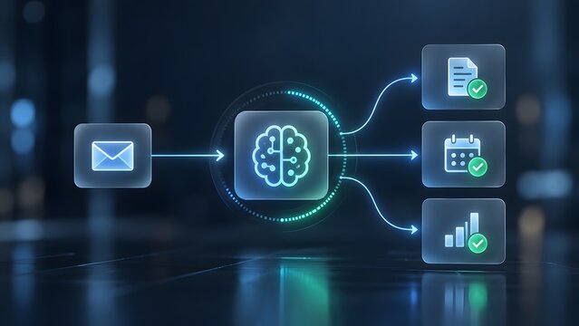 Digital flowchart showing an envelope icon feeding data into a glowing central brain node that distributes processing to document and calendar icons