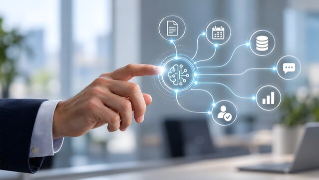 Hand touching a glowing central intelligence node on a digital flowchart distributing tasks to document calendar and user icons in an office