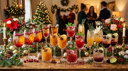 Fototapeta premium A festive holiday table with a variety of colorful drinks and decorations.