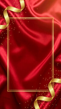Red silk fabric background with gold ribbon, glitter confetti frame