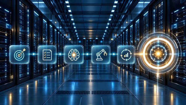 Glowing digital flowchart connecting target strategy to AI processing and robotic automation ending at a central network hub inside a server room