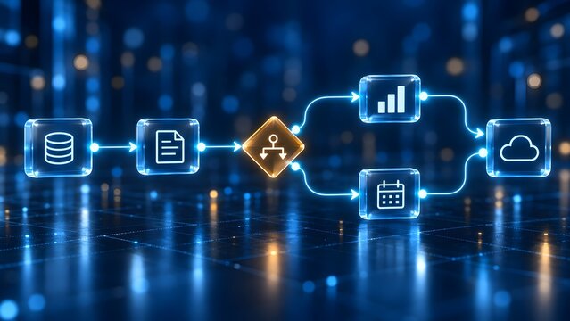 Digital glowing flowchart showing data processing from database to documents and cloud storage via an active decision node