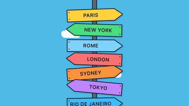 Wooden signpost assembling with city directions on blue sky