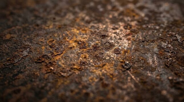 A detailed close up photograph showcasing a rugged rust texture metal surface with natural weathering, deep brown tones, rough pitted spots, and a dramatic shallow depth of field effect