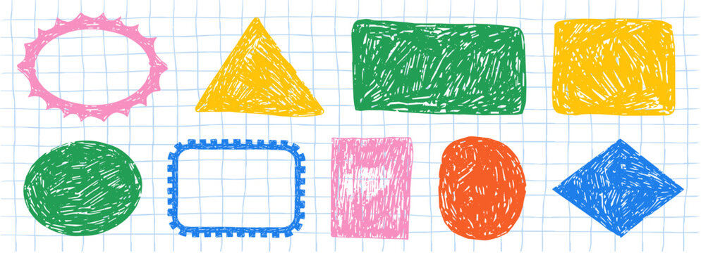 Crayon hand drawn stamp doodle and sketch drawing, Postage stamps shapes form a whimsical texture. Set borders, frames collage background. Playful pastel elements for creative projects.