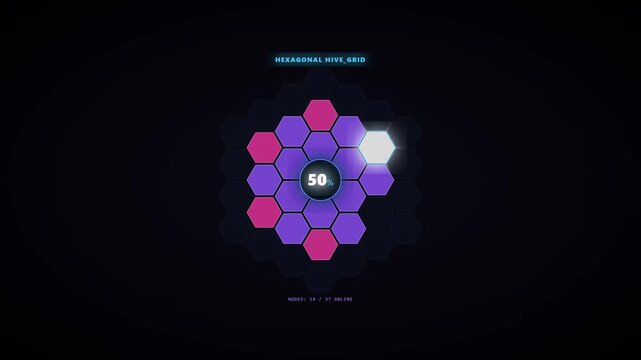 Futuristic digital interface showing hexagonal hive grid progress loading animation with percentages 25 to 75, featuring neon purple and pink nodes on a dark tech background for UI design.