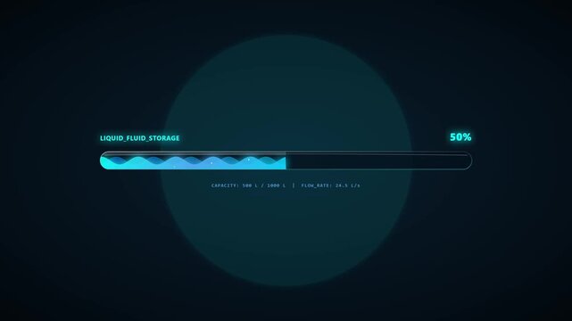 Futuristic HUD progress bar showing blue liquid storage levels and percentages. Digital interface with fluid animation in horizontal tube on dark background.
