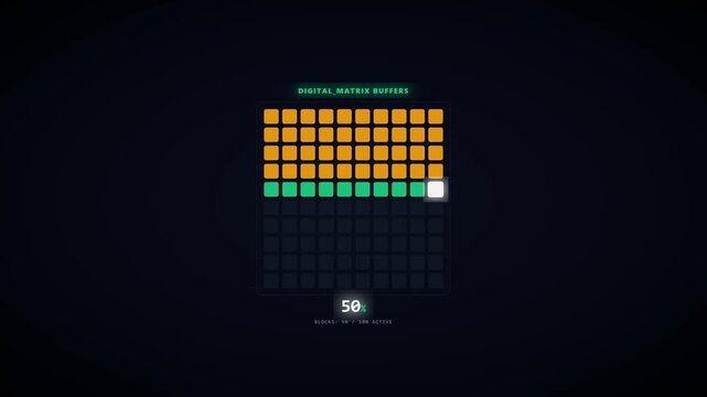 Futuristic digital matrix loading progress bar showing data buffering with glowing square grid and percentage counter on dark background for tech interface and cybersecurity concept.