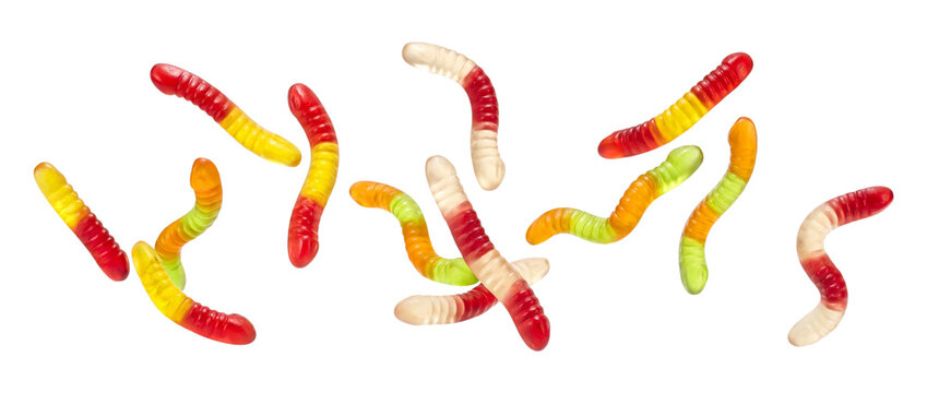 Falling gummy worms isolated on transparent background