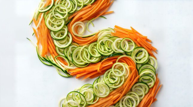 Spiralized zucchini noodles and carrot julienne arranged on a white background