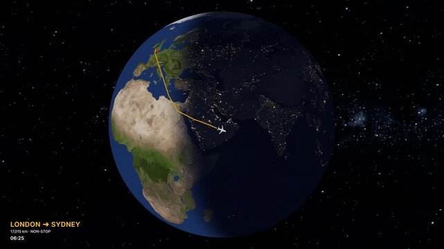 Digital 3D globe animation showing nonstop commercial flight route from London to Sydney across the planet Earth on dark space background with stars horizontal 