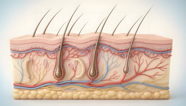 3D Cross Section Anatomy of Human Skin Layers and Hair Follicle Structure