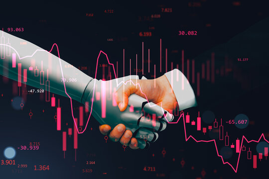 Human and robotic handshake symbolizing partnership, fintech collaboration, business technology, investment strategy, and corporate innovation in markets.