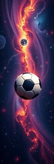 Naklejka premium Soccer ball floating in colorful outer space fantasy scene