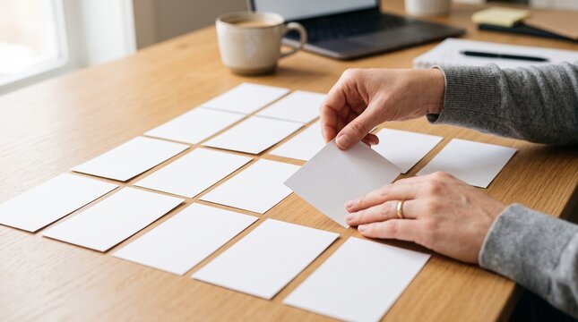 Hands Arranging Blank White Business Cards Grid on Wooden Desk