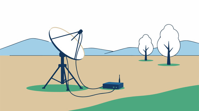 Subject: A portable satellite dish for live streaming set up in a remote field. Lighting: Bright daylight. Mood: Technical and communicative. Pallet: Beige, dark blue, and white. trace