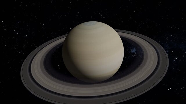 Saturn planet with detailed ring system rotating against black starry space background for astronomy education and science project horizontal animation