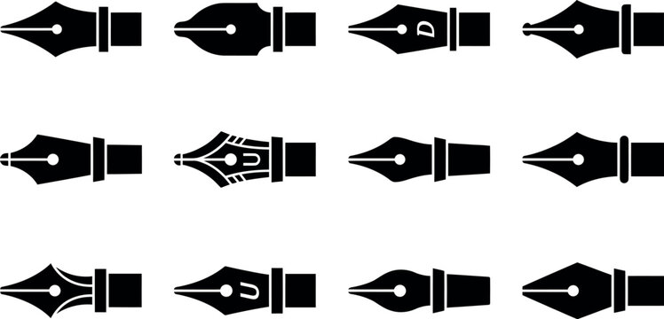 Collection of black fountain pen nib silhouettes and ink pen tips isolated on a white background for design