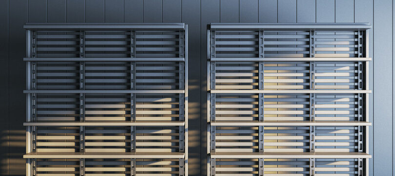 Empty modern warehouse rack interior with contemporary industrial design, organized storage shelves, and dramatic indoor light. 3D Rendering