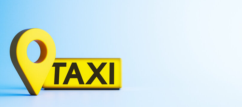 Yellow taxi location pin and sign for urban transportation, navigation, geolocation services, travel planning, and digital mobility advertising concept. 3D Rendering