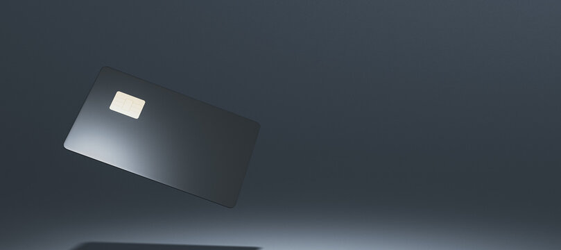 Black credit card mockup with blank design, premium banking template on dark background for corporate branding and modern business promotion. 3D Rendering