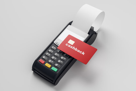 Contactless Payment Terminal with Cashback Credit Card and Printed Receipt for Secure Retail Transaction Technology Concept. 3D Rendering