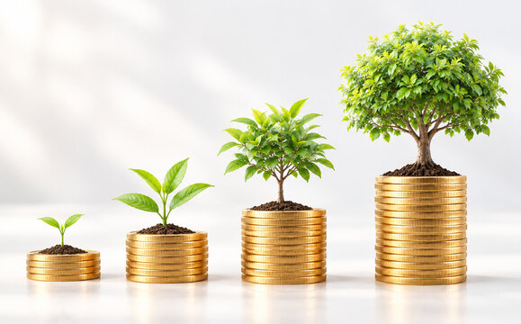 Financial Growth and Sustainable Investment Concept with Increasing Gold Coin Stacks and Growing Green Plants
