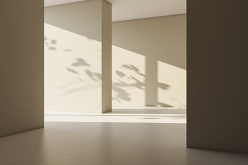 Obraz premium Modern minimalist interior with architectural columns, sunlight and soft shadows across an empty contemporary exhibition room. 3D Rendering