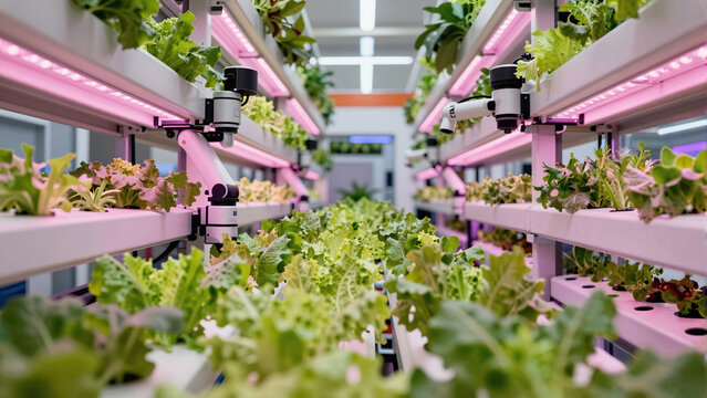 Indoor vertical farming with hydroponic plants.