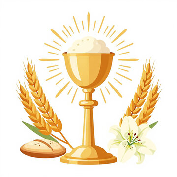 Golden communion chalice with bread, wheat stalks, and a white lily flower symbolizes the holy Christian eucharist sacrament on a bright background.