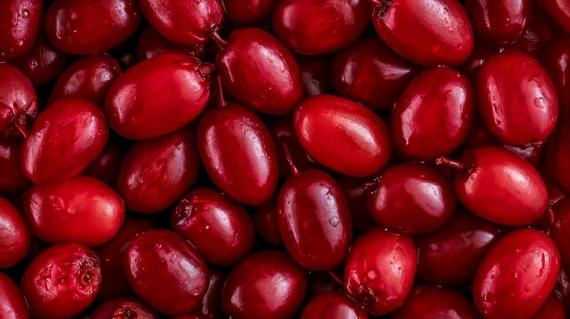 Close-up macro view of ripe red dogwood berries with water droplets