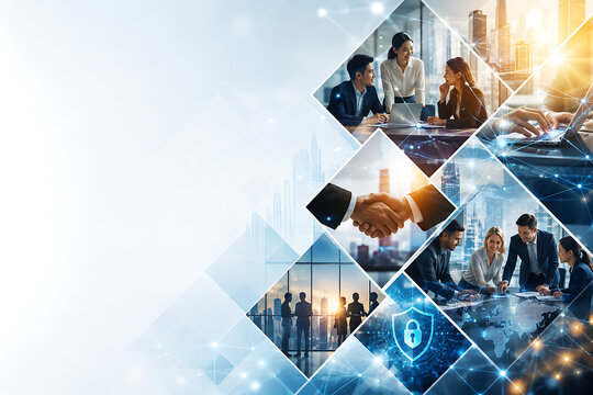Business professionals collaborating with cityscapes and network connections in a montage