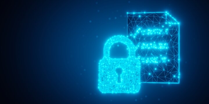 Blue glowing low poly document with padlock in front on dark background, information safety or security business concept