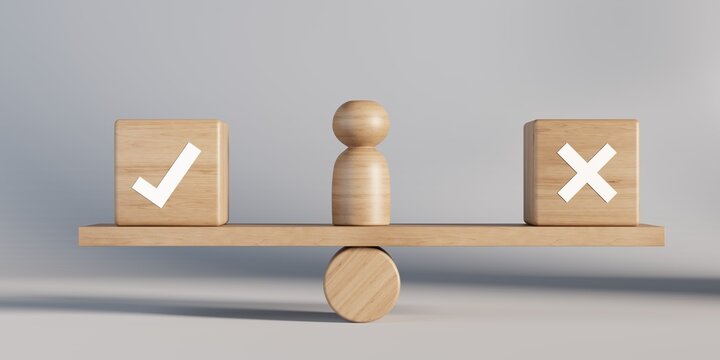 Wooden figure between boxes with checkmark and cross on wooden scale in balance over grey wall background, check or deny decision concept