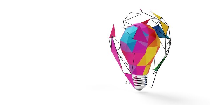 Rainbow multi color low poly light bulb with floating geometry elements on white background, idea, creativity or business innovation concept