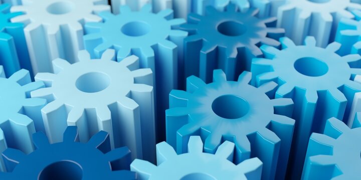 Abstract connected blue gear or cogwheels background, business team or cooperation concept, selective focus