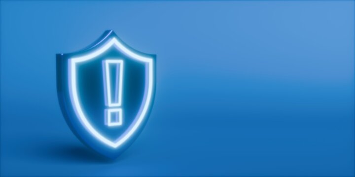 Blue shield with exclamation mark standing on blue background with copy space, warning or protection business concept