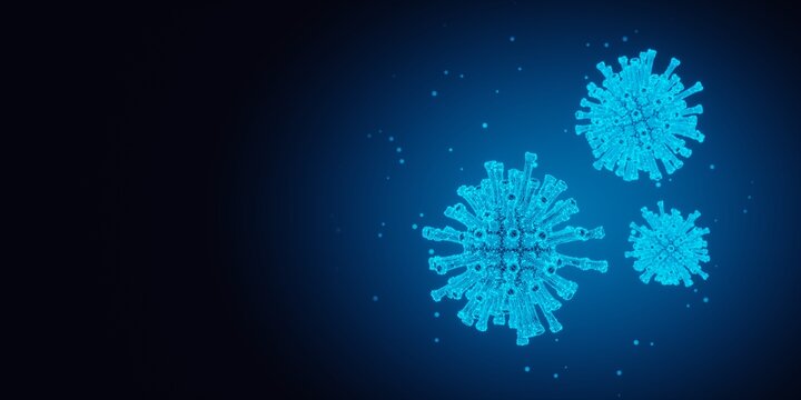 Blue wireframe viruses on dark blue background with copy space, virus protection or security concept, selective focus