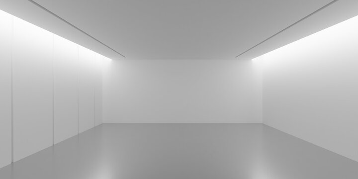 Empty white gallery background with side lights and blank walls with copy space for object presentation