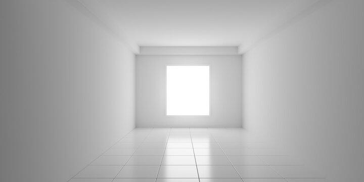 White corridor or room background with tiled floor and window at the end, modern empty interior or product presentation template with copy space
