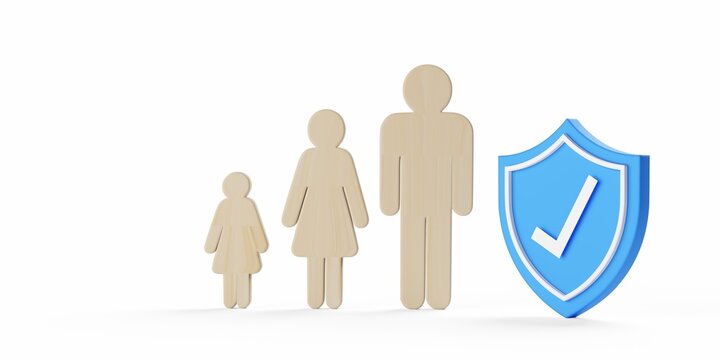 Abstract wooden figure family with blue shield with checkmark on white background, family home insurance or protection concept, selective focus