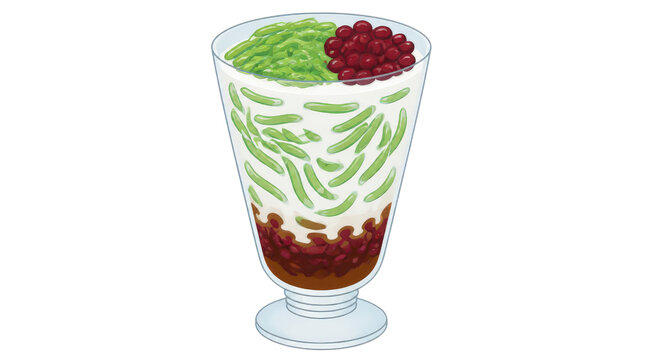 Cendol Dessert with Red Beans and Green Jelly in a Glass Illustration