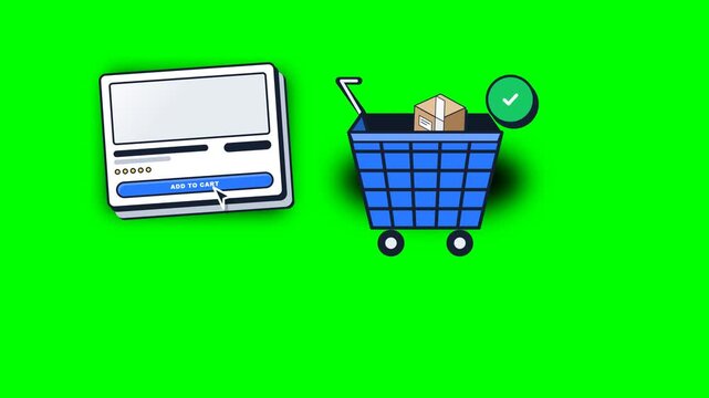 Premium 2.5D marketplace animation showing a digital cursor clicking an Add to Cart button, causing the product package to detach and fly into a shopping cart. Followed by a large package delivery con