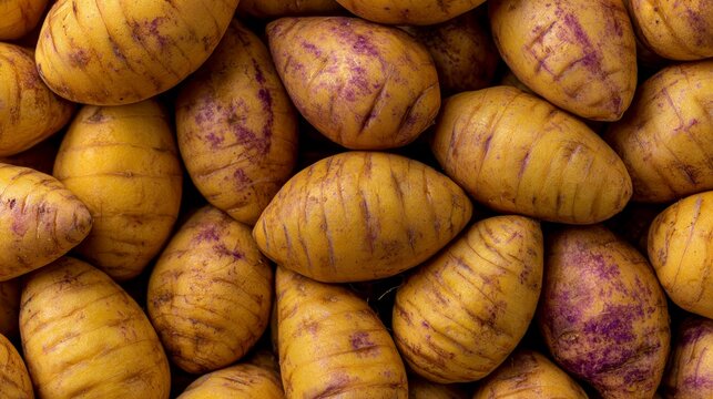 Pile of yellow potatoes with purple markings and distinct skin texture