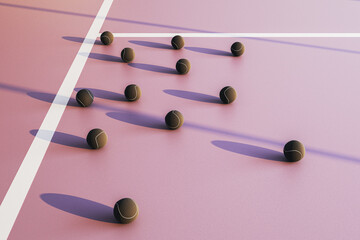Fototapeta premium Abstract tennis balls scattered across an empty modern court with dramatic shadows, contemporary sports design and light background. 3D Rendering