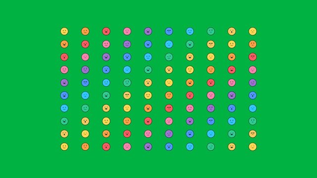 grid of colorful face emojis isolated on green screen background