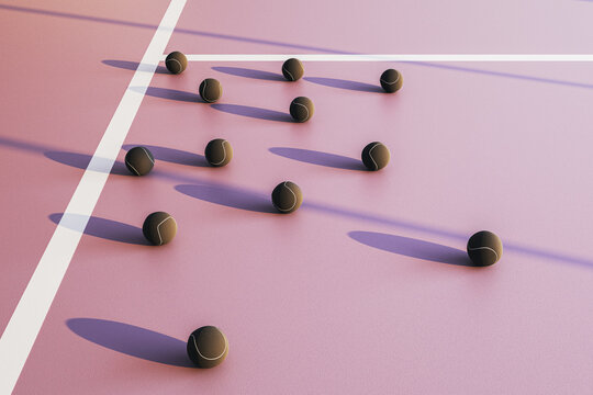 Abstract tennis balls scattered across an empty modern court with dramatic shadows, contemporary sports design and light background. 3D Rendering