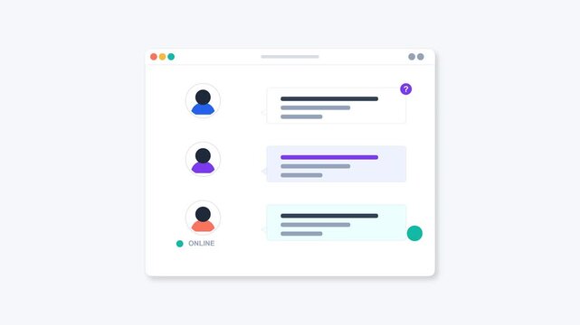 Clean modern 2D vector animation of a digital customer support interface featuring three user profiles, message bubbles, question and response indicators, and a resolved communication sequence.