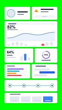 Premium 2D vector vertical animation (9:16) of a non-overlapping light-themed digital dashboard ecosystem featuring 9 distinct analytics panels materializing on a clean solid green chroma key backgrou
