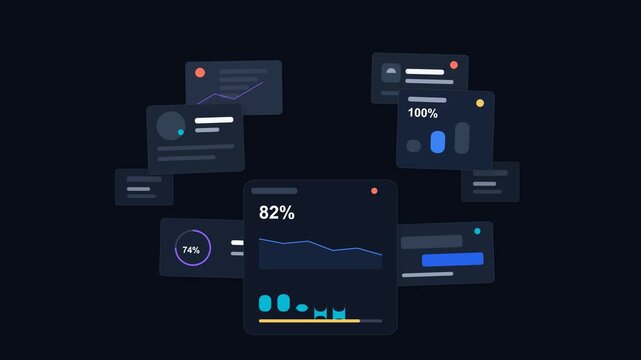 Premium 2D vector animation of a modern digital dashboard ecosystem featuring connected analytics cards, KPI metrics, progress indicators, profile panels, notifications, and data visualization on a da